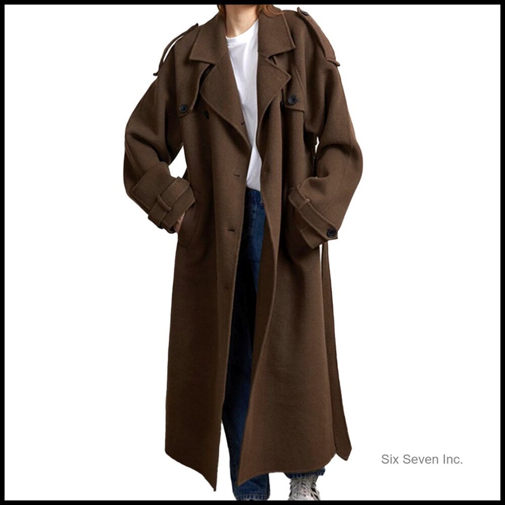 Women's Double Breasted Trench Coat Long Sleeve Loose Fit Belted Pea Coat